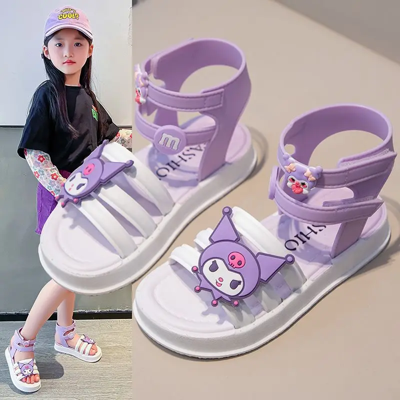 

Kawaii Sanrio Anime Sandal Cute Kuromi Cartoon Fashion Color Block Anti Slip Soft Bottom with Exposed Toes Slippers Kids Gifts