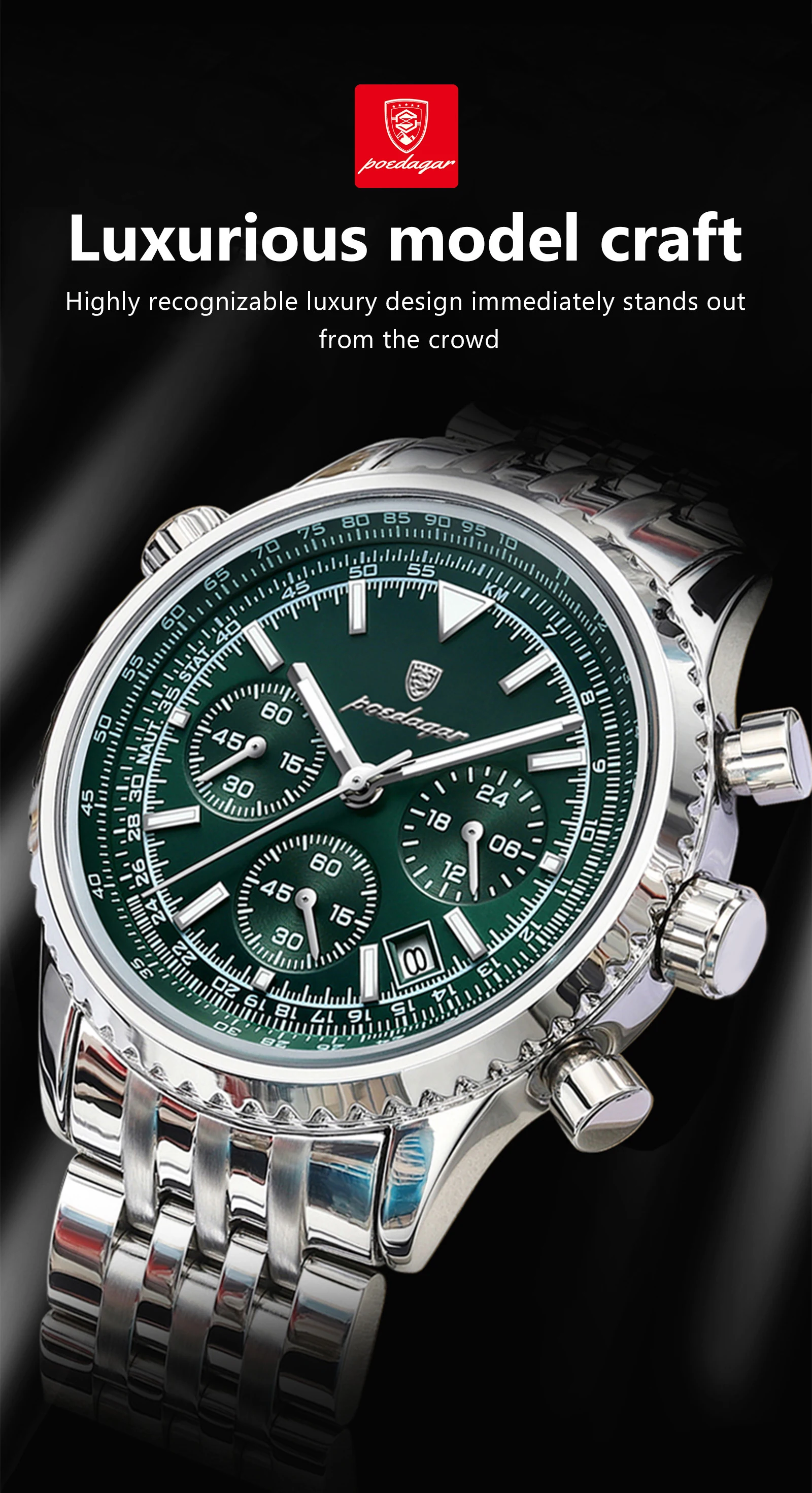 POEDAGAR Luxusuhren für Herren, Datum, Chronograph, Edelstahl, Sport-Herrenuhr, wasserdicht, leuchtender Quarz, Militär-Herrenuhr – Detail 2