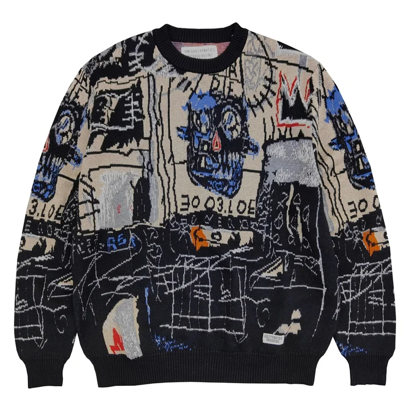 WACKO MARIA Men's Women's Cotton Vintage Hip Hop Graffiti Crew neck Sweater Winter High-end Casual Pullover Knitwear