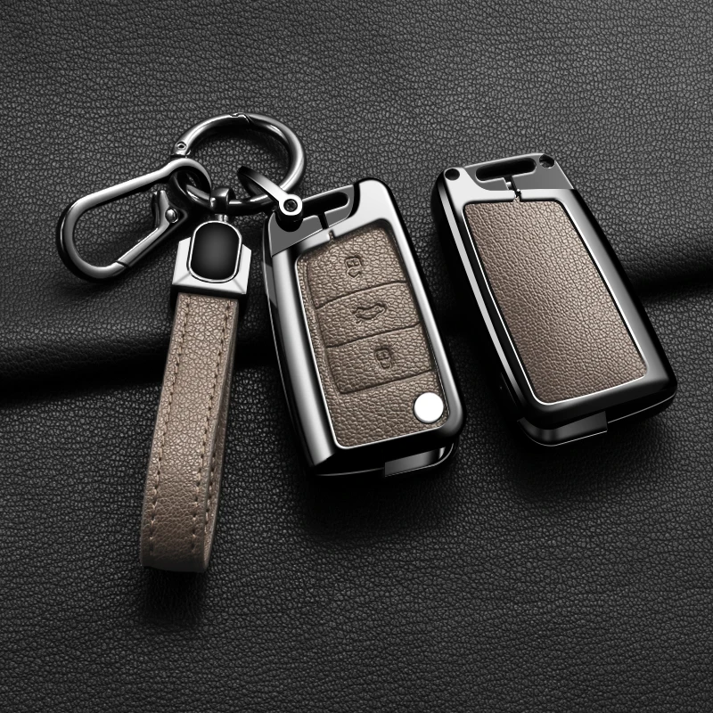 

Car Flip Remote Key Case Cover Holder for Skoda Octavia Kodiaq Karoq Zinc Alloy Leather Protector Shell Accessories