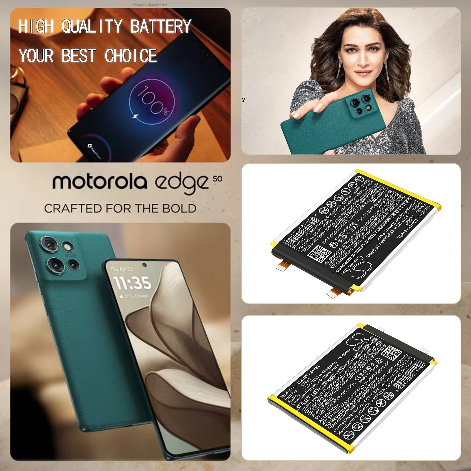 3.91V 4850mAh Battery QR50, SB18E18870, SB18E18871 for Motorola Moto Edge 50 5G, XT2407, XT2407-1, XT2407-2, XT2407-3 +TOOLS KIT