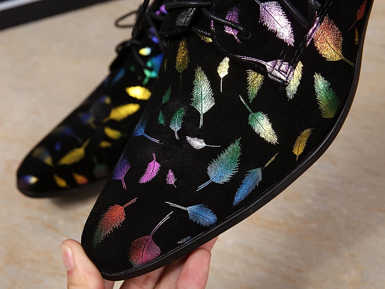 Pointed Toe Print Leather Fashion Casual Shoes Men Pointed Toe Lace Up Derby Shoes Stylist Singer Dancer Celebrity Shoes 37-46
