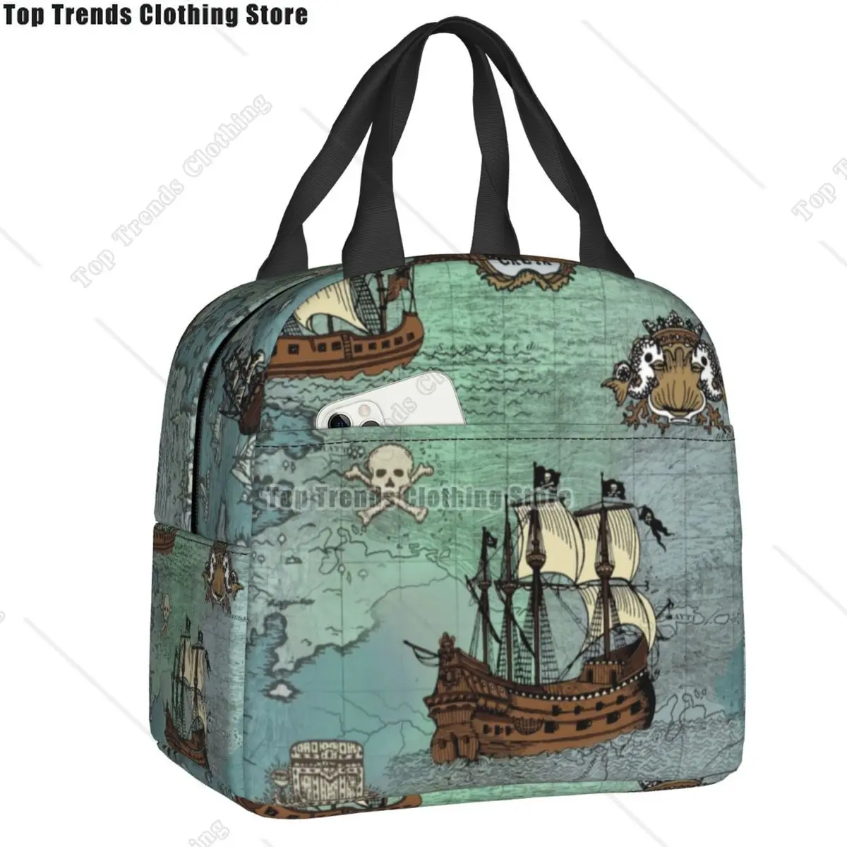 Pirate Map Nautical Sea Print Insulated Lunch Bag for Women Leakproof Skull Sailor Cooler Thermal Lunch Tote Beach Travel