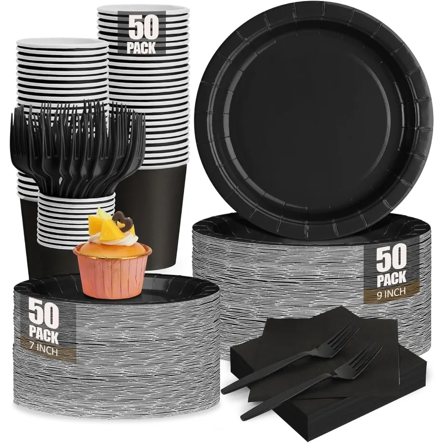 

Disposable Black Paper Plates and Napkins Party Supplies Set with Cups and Forks for Graduations Retirement Celebrations Birthd