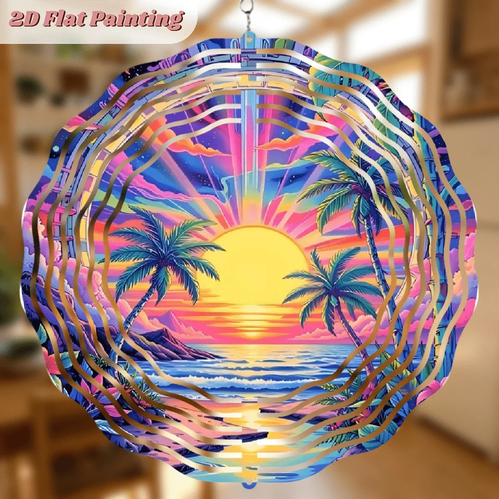 CIFBUY 2D Tropical Sunset Wind Chime Metal Spinner with 360 Rotating Hook Round Hanging Ornament for Garden Patio Outdoor Indoor