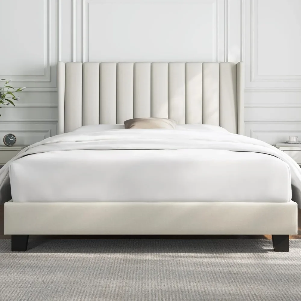 Bed Frame Upholstered Platform Bed with Fabric Headboard, Wing Edge Design/Non-Slip and  Slats Suppor Beige Full Bed Bases