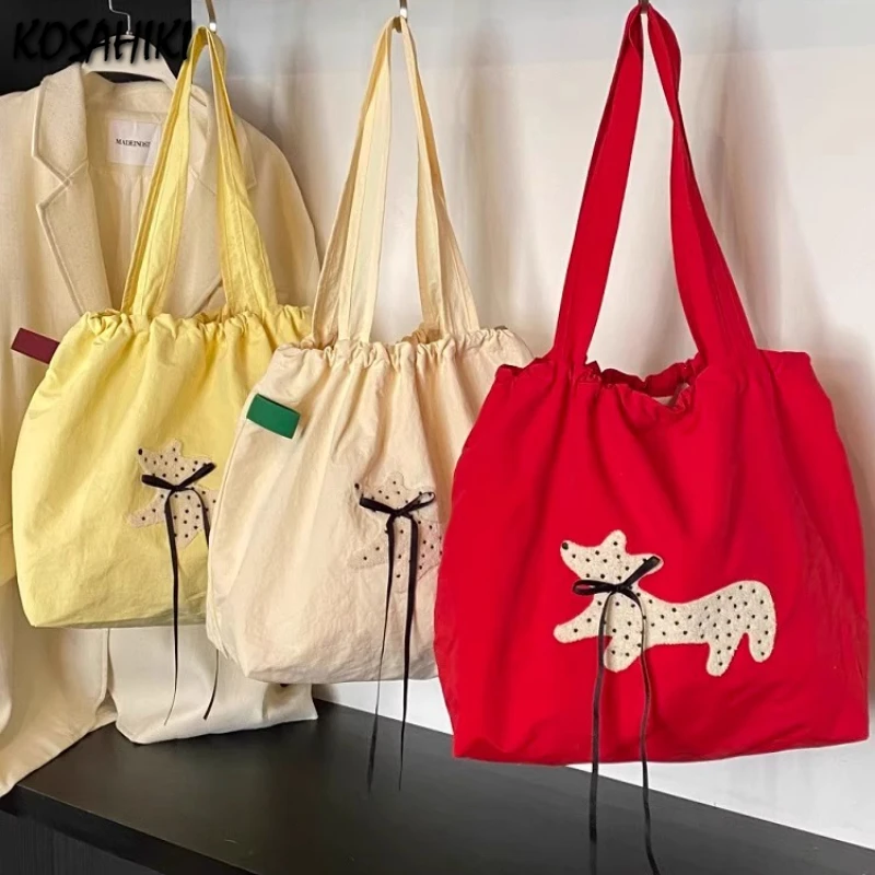 

Korean Sweet Kawaii Bow Women's Handbags Drawstring Pleated Y2k Aesthetic Shoulder Bags Fashion Simple Casual Chic Underarm Bag