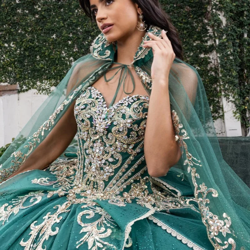 

Shiny Dark Green Quinceanera Dresses Off the Shoulder Glitter Crystal Decal Layering Long tail Vestidoe 15 Quinceanera Customize