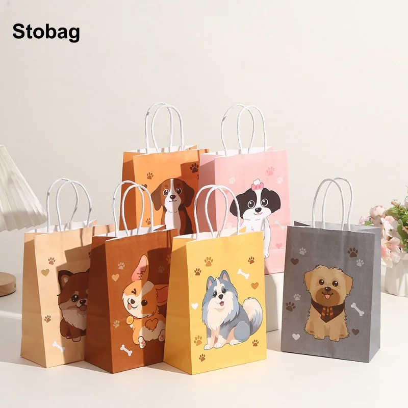 

StoBag 24pcs Cartoon Puppy Kraft paper Gift Tote Bags Package Cute Handbag Children for Candy Snack Storage Pouch Party Favors