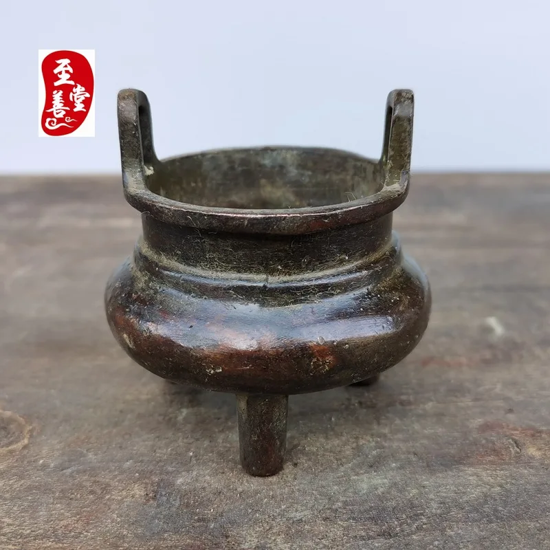 Antique Collection: Old Patina Alloy Copper Living Room Decorative Ornament, Double-Eared Three-Legged Censer6x6.5CM