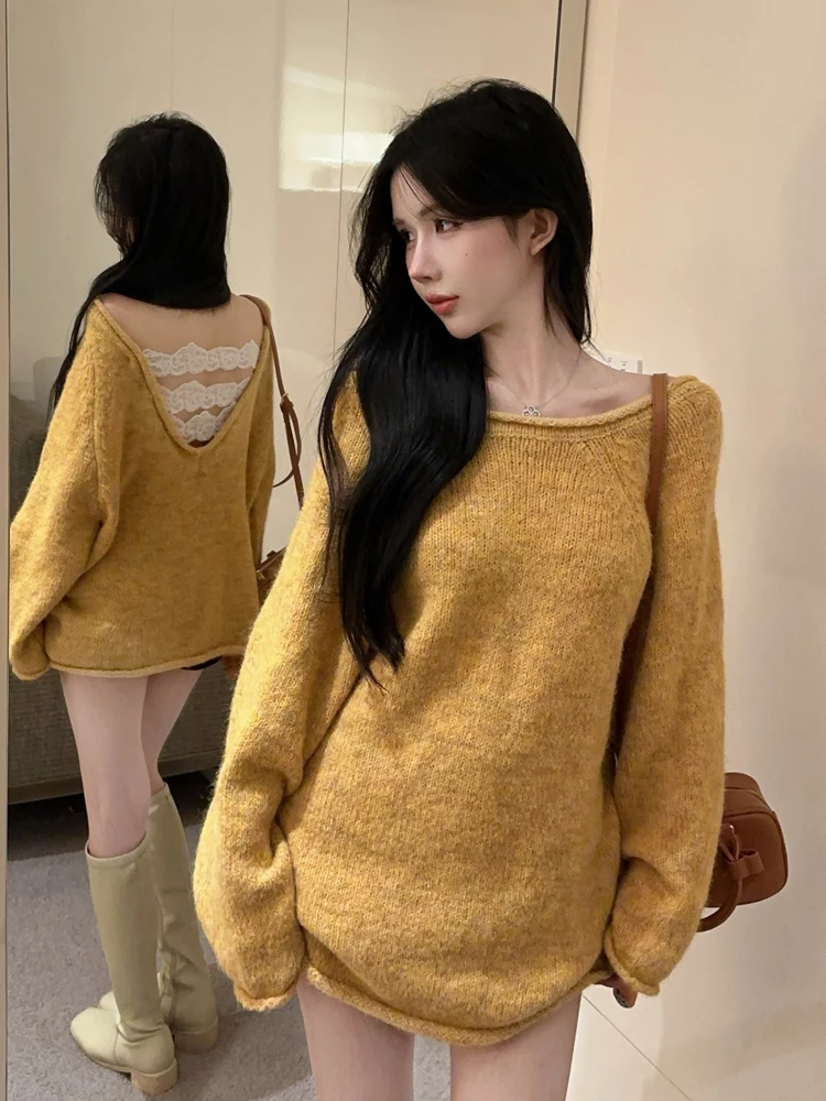 

Свободный кружевной вязаный свитер на одно плечо с открытой передней частью Ba Wear для похудения Ele Pure Desire Girl Повседневный удобный вязаный топ