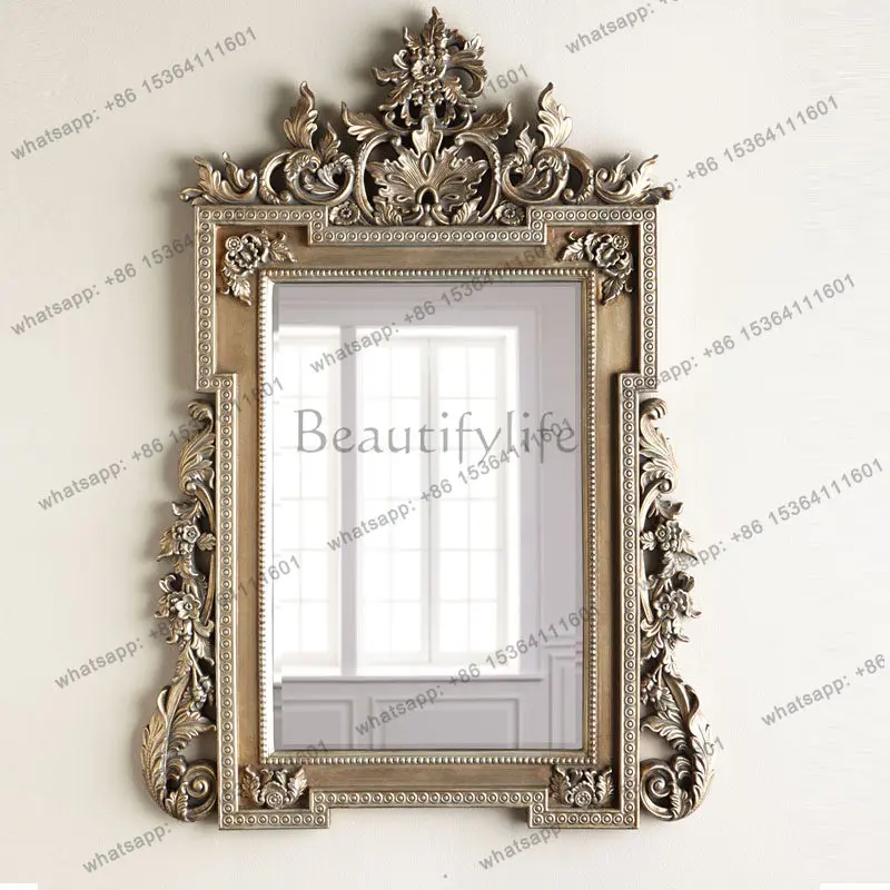 PG European retro court decorative mirror porch wall hanging background wall art mirror carved dresser makeup mirror