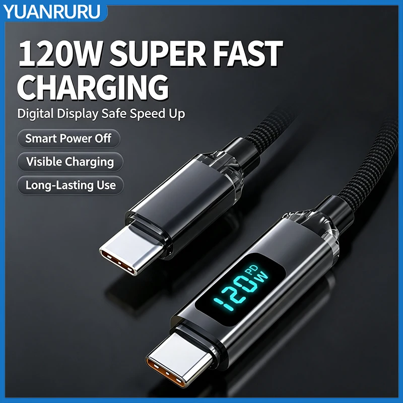 120W Type C Cable PD Fast Charging Data Cord with LED For iPhone Samsung Xiaomi Huawei USB C to USB C Quick Charge Wire
