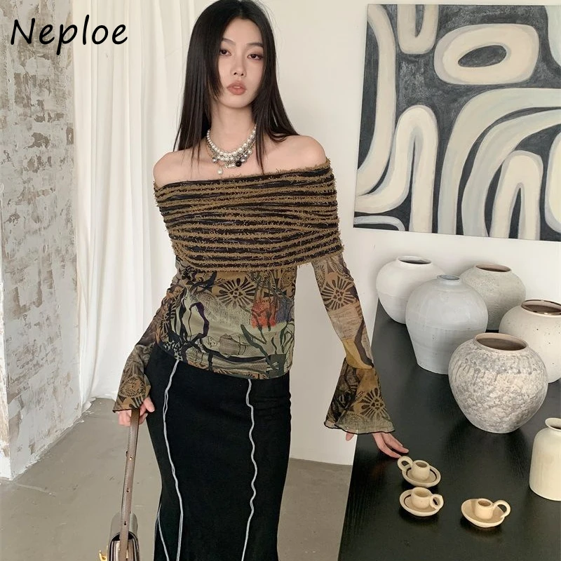 

Neploe Maillard Dopamine Style Unique Special T-Shirt Femme American Vintage Y2k Fairycore Streetwear 2000S Slash Neck Tees