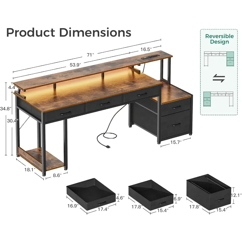 Computer Desk with File Drawer, Reversible Office Desk with 4 Drawers & Power Outlet,LED Strip,Home Office Desk w/ Monitor Shelf