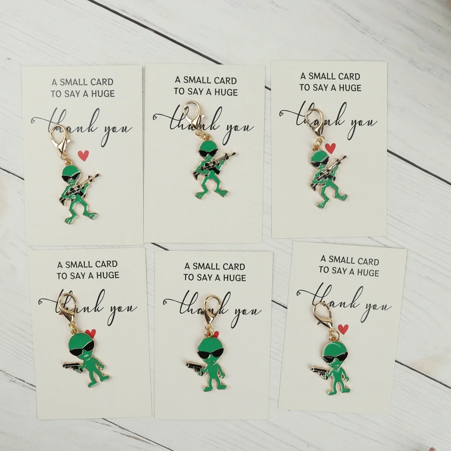6 Cartoon Alien Keychains, with Accompanying Thank You Cards, Are Perfect as Novelty Gifts for Friends, Family, or as Bag Charms.