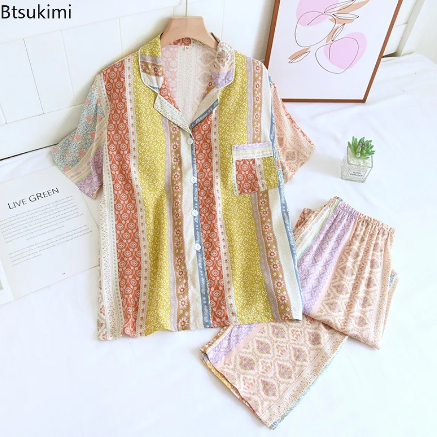 Women's Summer Casual Pajamas Set with Chest Cushion Home Pijima Two-piece Suit for Sleepwear Printed Plus Size Female Pijima