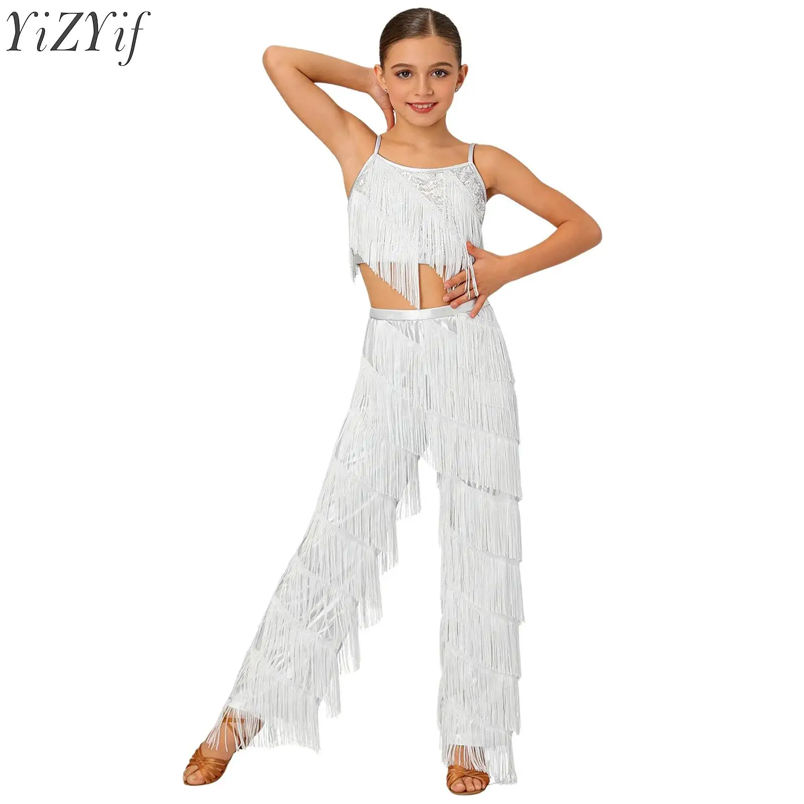 

Детский комплект для латиноамериканских танцев для девочек: топ с бахромой и регулируемыми бретелями, металлические брюки — идеально для дня рождения и выступлений на сцене