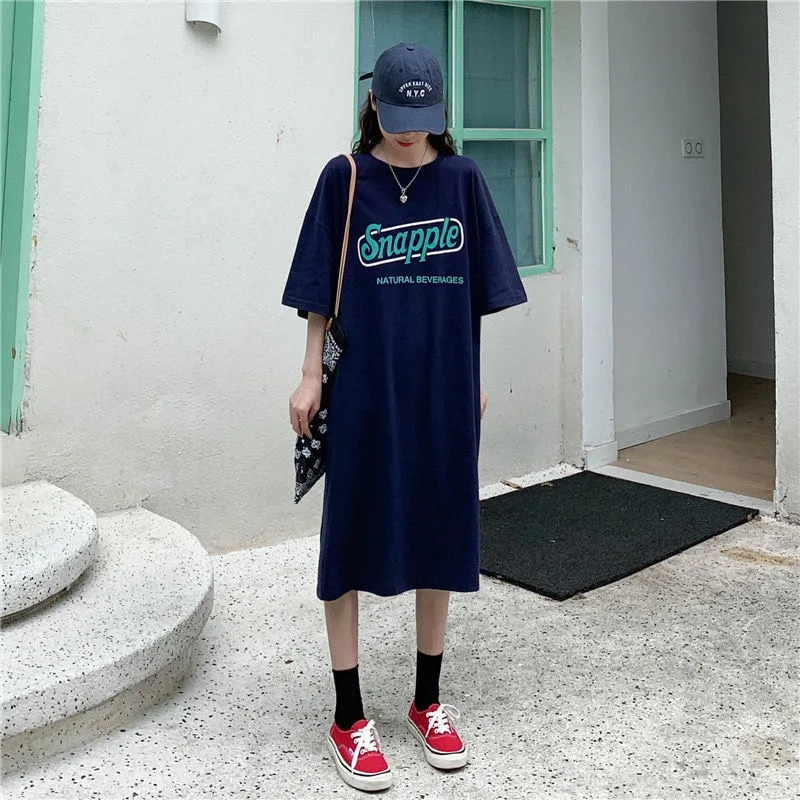 Women's Lazy Style Loose Casual Oversized Long Dress, Round Neck, Half Sleeve T-Shirt Dresses, Summer Fashion Printed, Korean