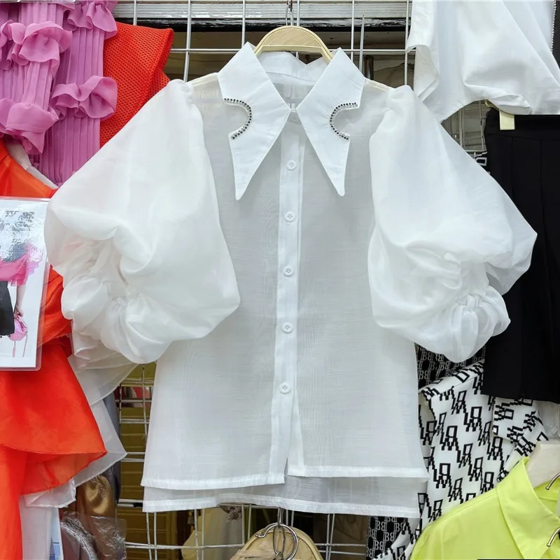 

Elegant Simple Lapel Neck White Shirt Women Summer Thin Lantern Sleeve Blouses 2025 New Single Breasted Blusas De Mujer