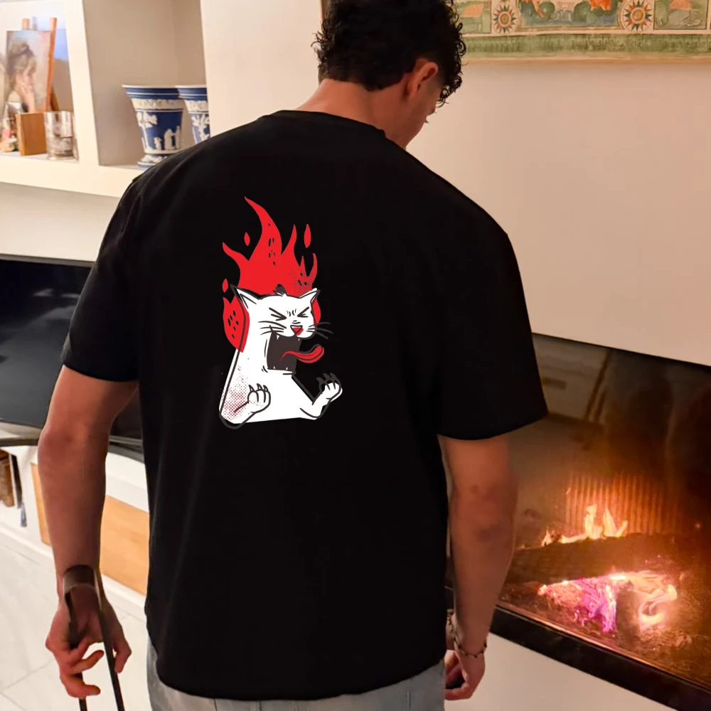 Funny T-shirt Tops Angry Cat with Red Flames Punk Rock Graphic T-Shirt Men Back Print Cotton Short Sleeve Streetwear Casual Tee