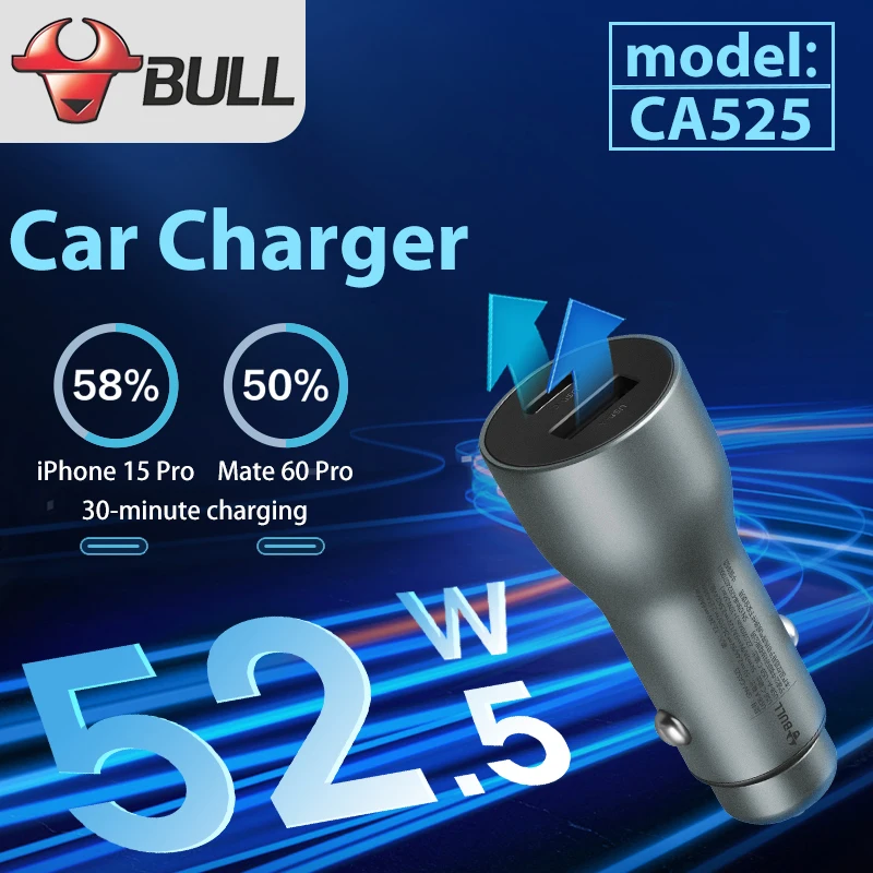 

BULL CA525 52.5W Автомобильное зарядное устройство для быстрой зарядки PD QC3.0 USB Type C Автомобильное зарядное устройство для мобильного телефона Адаптер для Xiaomi Samsung Huawei