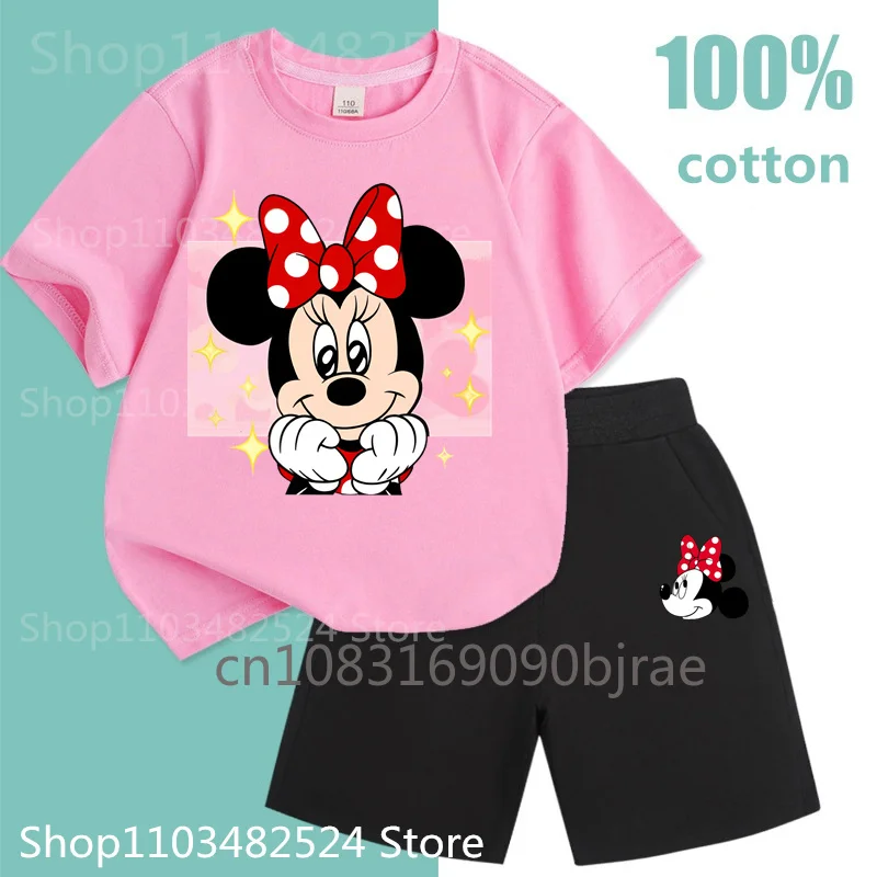 Mode Kinder Disney niedlichen Minnie Muster druck 100% Baumwolle T-Shirt setzt Mädchen Kurzarm