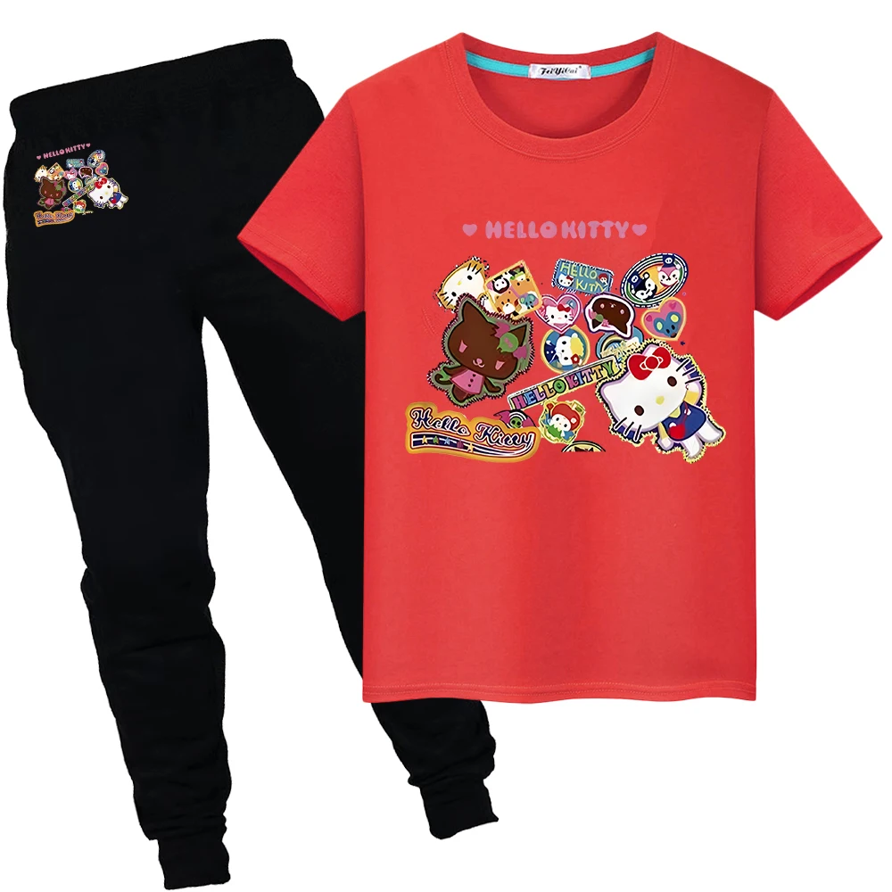 hello kitty Print 100%Cotton Kawaii Cute T-shirt Summer Sports Sets anime Tshirts Short+pantkid holiday gift boys girls clothes image 6