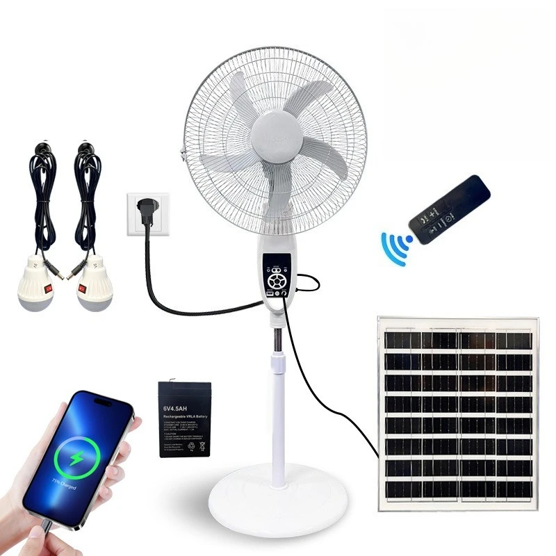 16Inch Solar Rechargeable Standing Fan Remote Control Large‑Capacity Battery Silent Floor Fan With LED Light for Outdoor Home