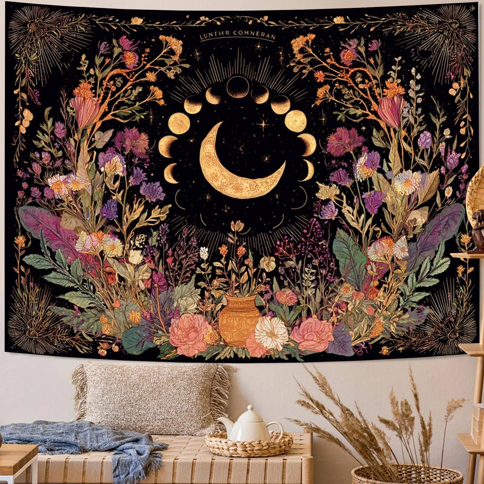 Aesthetic Boho Witchy Celestial Moon Floral Tapestry Boho Cottagecore Wall Hanging Decor Art Print Gothic Autumn Room Poster