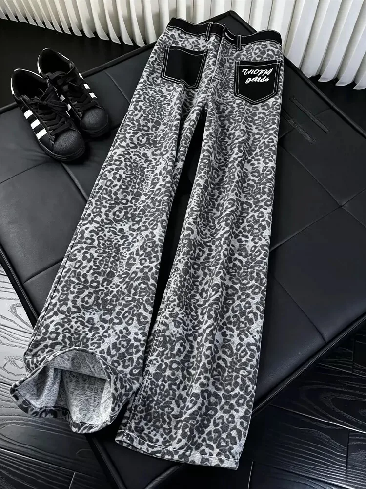 American High Street Vibe Leopard Print Patchwork Men's Jeans Knife  Straight Leg Slimming Micro Flared Pants Casual Wear