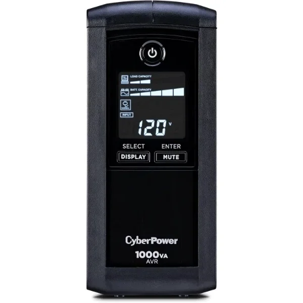 CyberPower CP1000AVRLCD Intelligent LCD UPS System, 1000VA/600W, 9 Outlets, AVR, Mini-Tower, Black