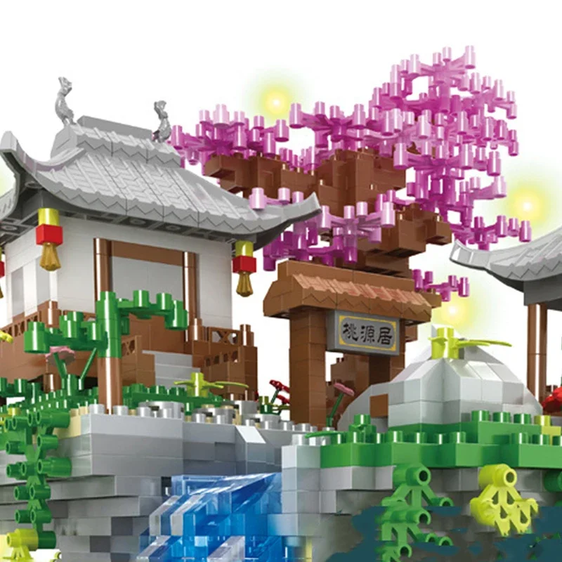 3320 Pcs Tree House Mini Diamond Block Particle Peach Blossom Pool Traditional With Light Chinese Architecture Building Blocks