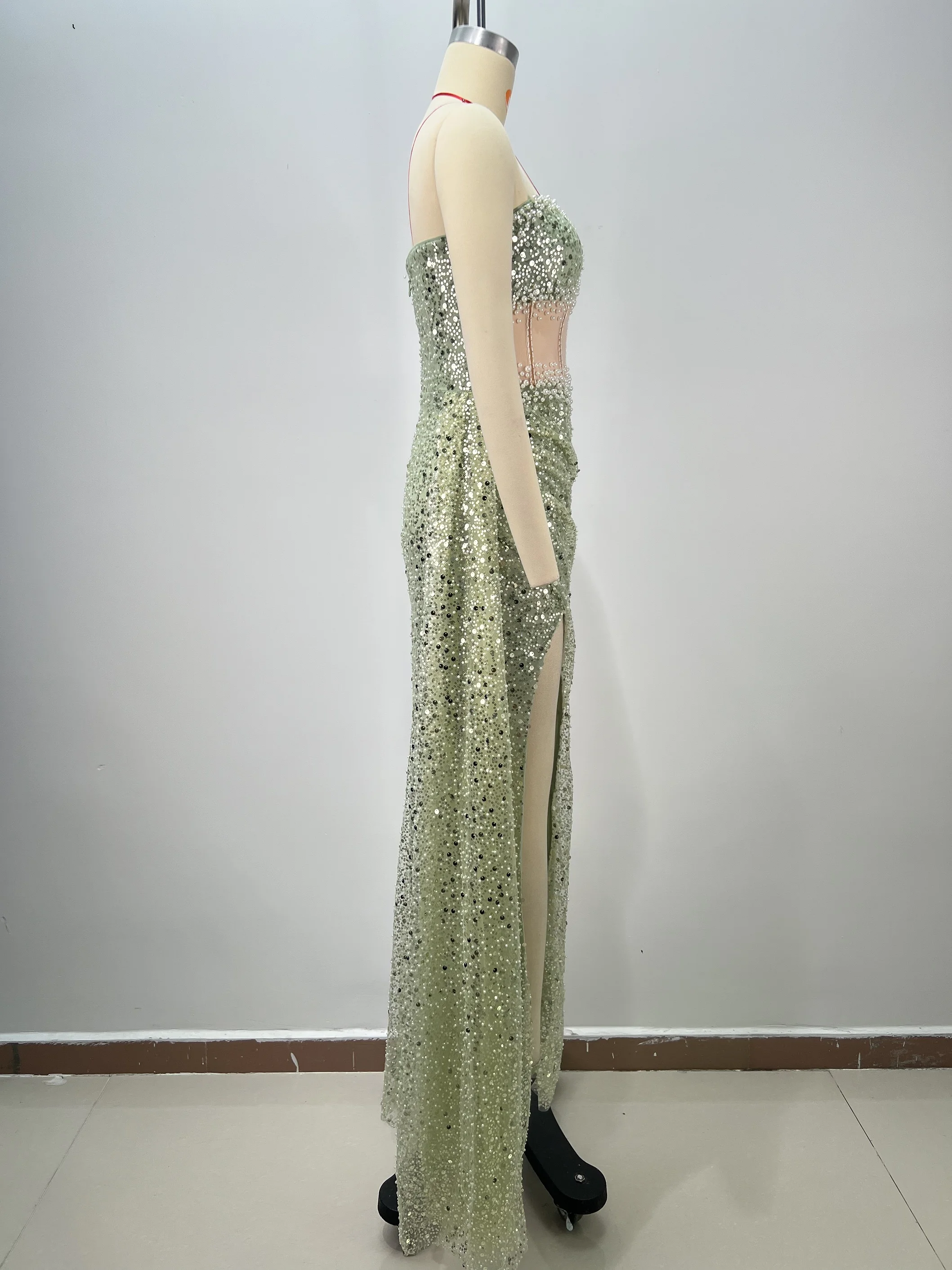 Women's Light Green Bandage Fishtail Gown Sheer Mesh Cutout with Crystal Beads Thigh High Slit Evening Gala Dress​