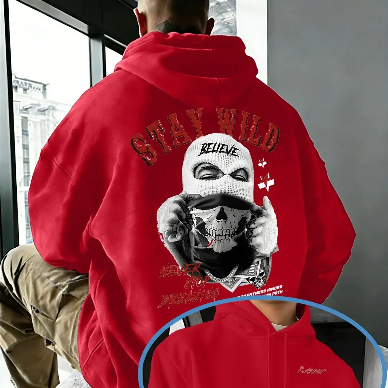 Red And Black Skull Bandit Face-Covering Old-Print Hooded Sweatshirt Men'S Hardcore Street Casual Top Double-Layer Hood Skull