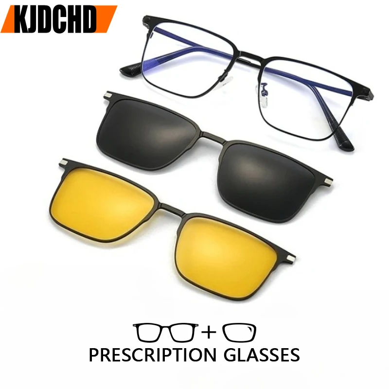 KJDCHD Titanium 3 In 1 Magnet Clip Optical Myopia Glasses For Men Polarized Sunglasses Hyperopia Prescription Reading Glasses