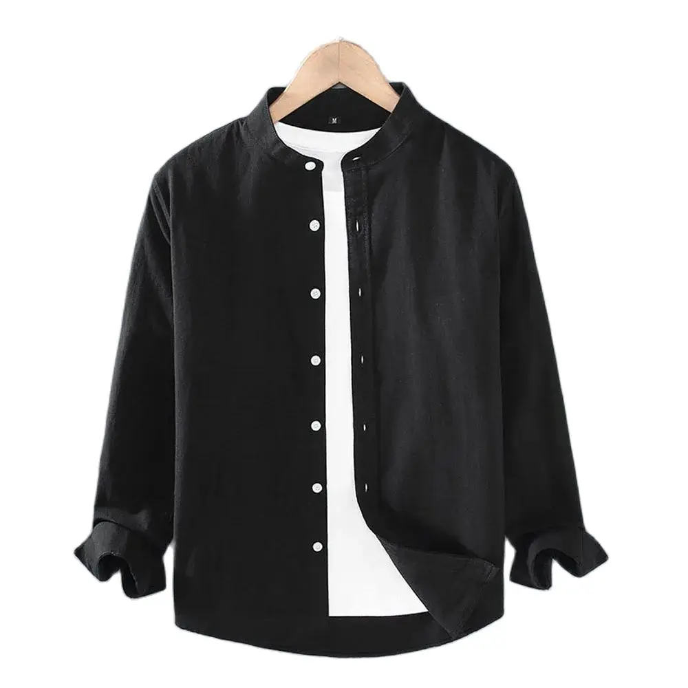 

Men Casual Linen Shirts Blouse Mandarin Collar Tops Solid Black White Cardigans Large Big Mens Leisure Beach Shirt Clothing 2024