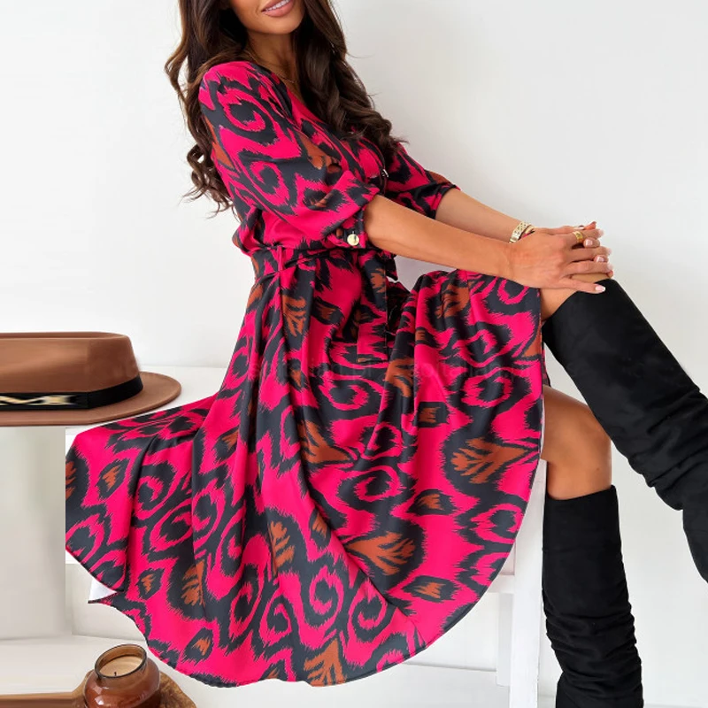 Elegant V Neck Waist A-Line Party Dress Autumn Casual Button Lace Up Pleated Big Dress Women Pattern Print Long Sleeve Dress