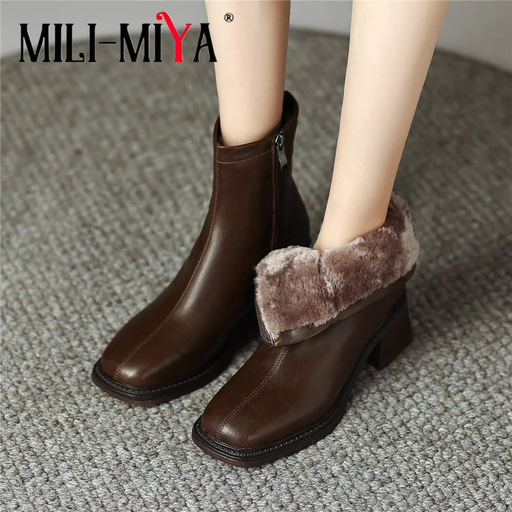 

MILI-MIYA Concise Design Women Cow Leather Ankle Snow Boots Zippers Round Toe Solid Color Plus Size 34-43 Warm Wool Lining