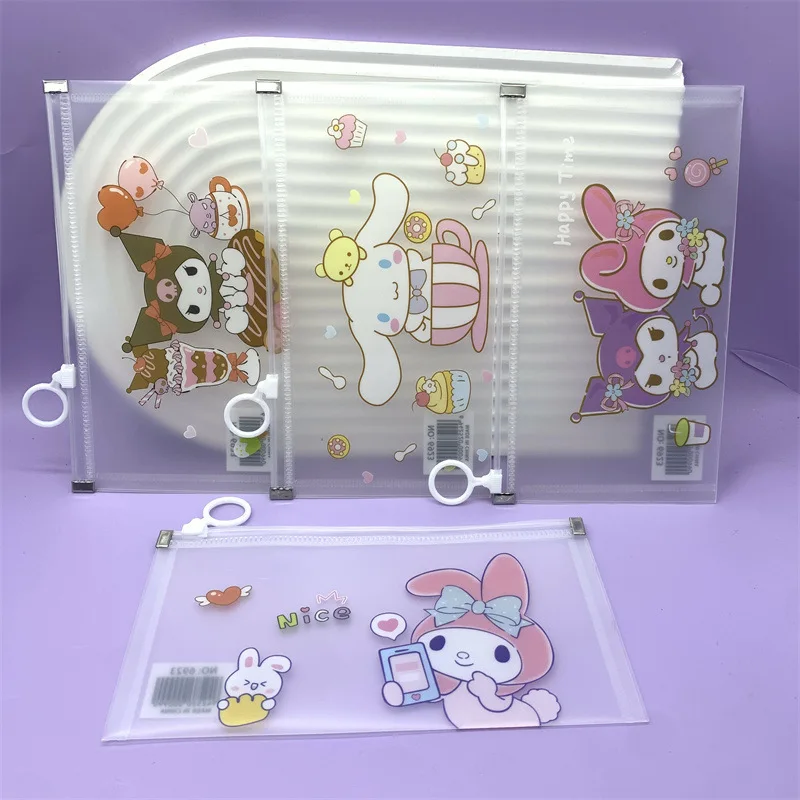 

24pcs Sanrio Cartoon A6 Transparent File Bag Kawaii Kuromi Melody Portable Information Storage Bag Sealed Zipper Bag Stationery