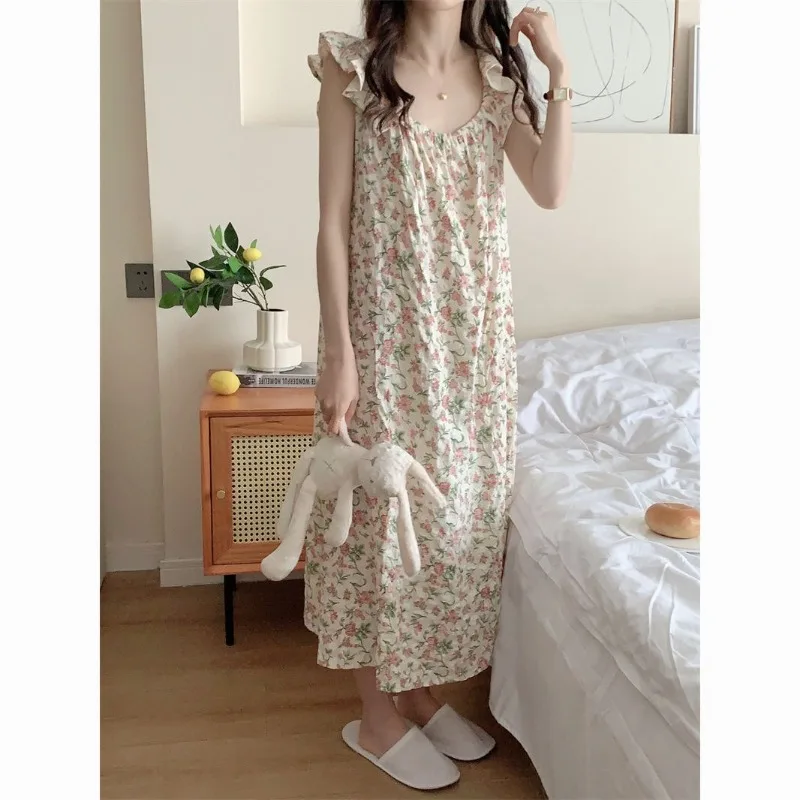 Floral Sleepwear Woman Fly Sleeves Summer Nightgown Korean Nightwear Night Dress One Piece Pajamas Sleeping Home Wear 2024 New