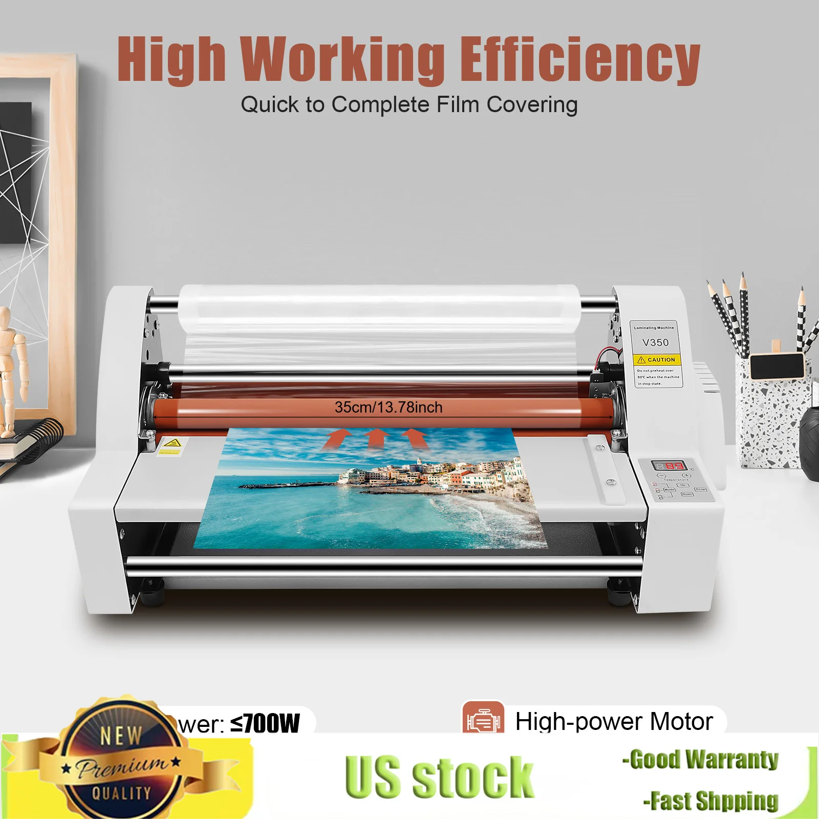 13,8 Zoll leiser Heiß-Kalt-Rollen-Laminiergerät, 700 W, ein- und doppelseitig, vier Rollen, verstellbare Laminiermaschine für Zuhause, Büro, Schule