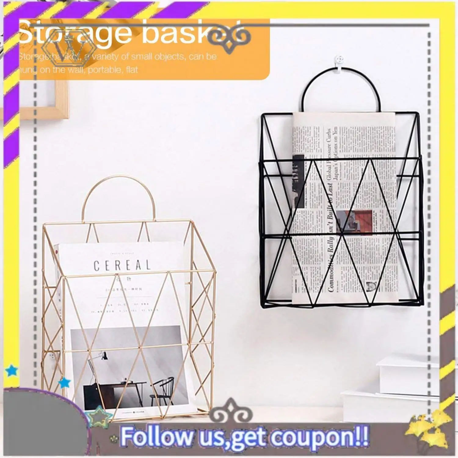 

New 2Pcs Magazine Holder Hanging Wall Mounted Newspaper Periodical Book Metal Shelf Storage - Gold & Black