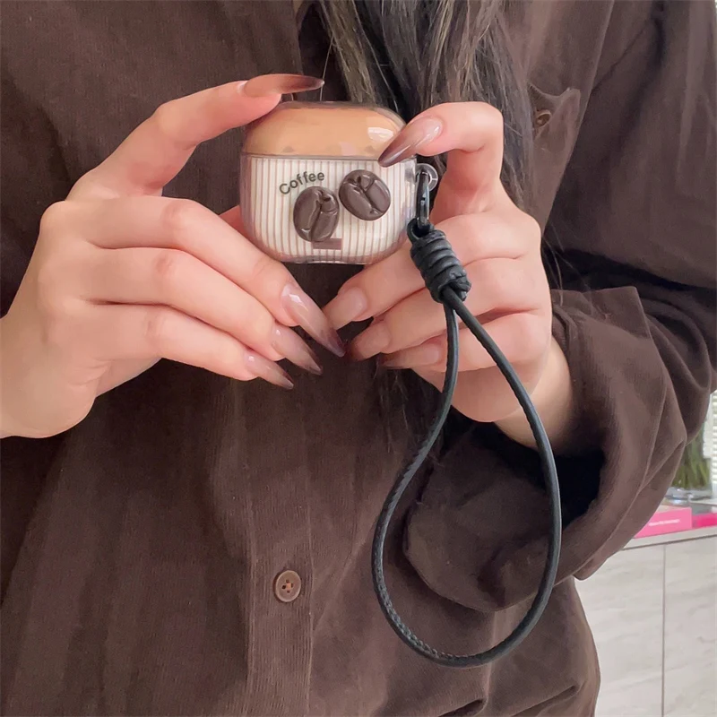 

Модный чехол для наушников в полоску с милыми кофейными зернами для Apple Airpods Pro 2 3 4, защитный чехол с веревкой для рук, силиконовые чехлы для Gi