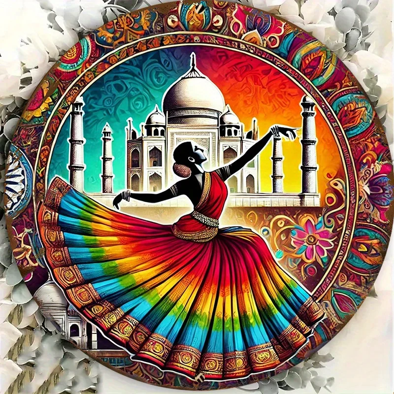 

Aluminum Indian Dance and Architectural Art Combined Decorative Plate, 2D, Vintage Style, String Mount Sign, 8x8In/11.8x11.8In