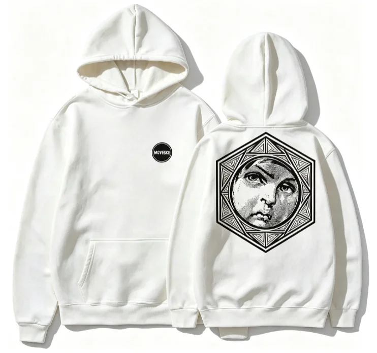 2026 Men Abstract Face‑Geometric Frame Graphic Hoodie Dual‑Side Vintage Art Print Oversized Loose Black Pullover Sweatshirt