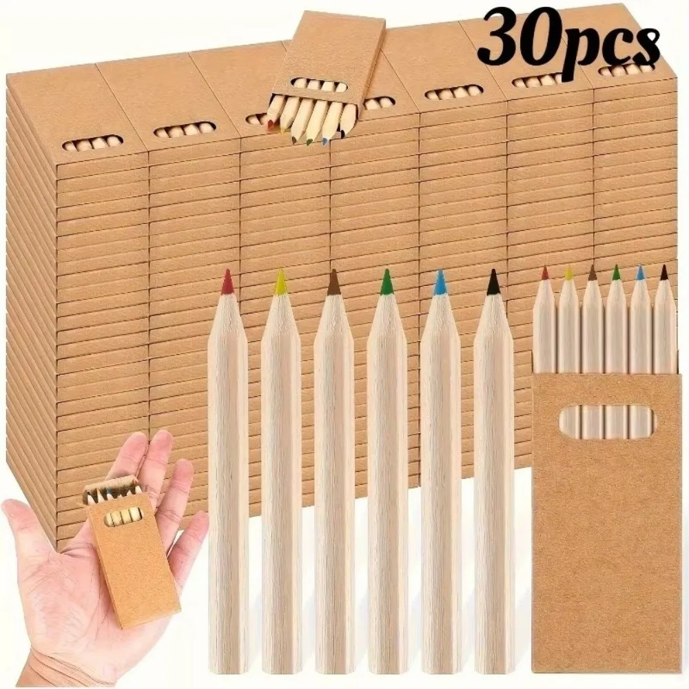5 Boxes/30pcs Wooden Colored Pencils Kraft Paper Box Mini Children's Short Pen with 6 Vibrant Colors Drawing Pencil
