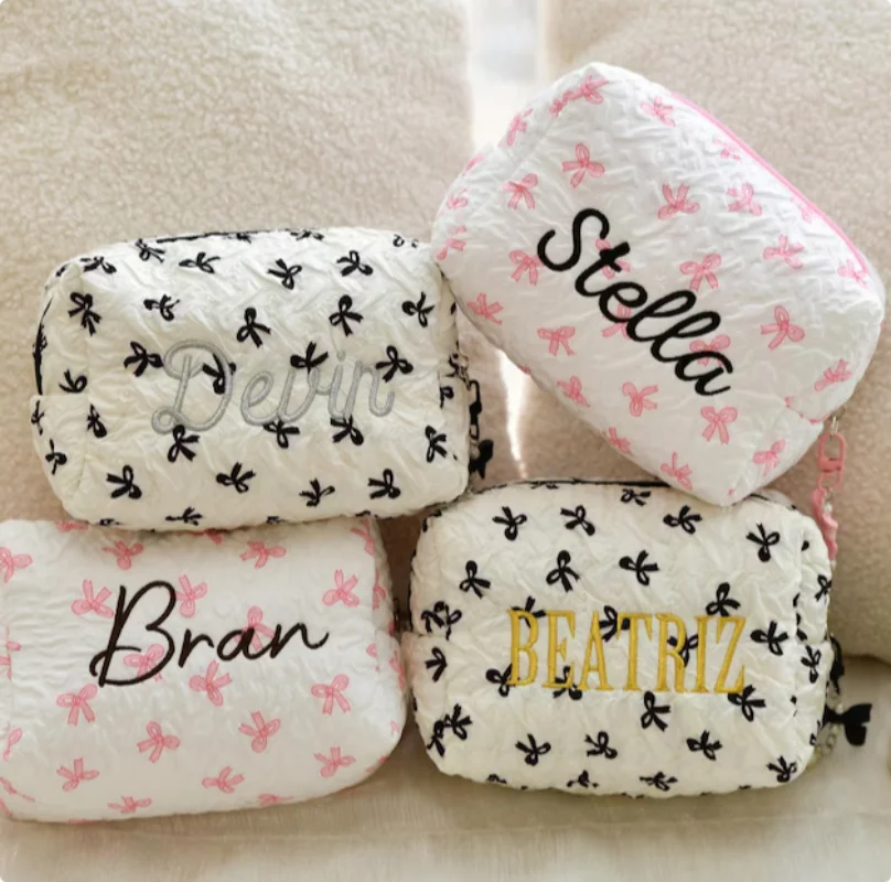 Personalized Bow Makeup Bag, Large Capacity Embroidered Name, Multifunctional Storage Bag, Makeup Bag