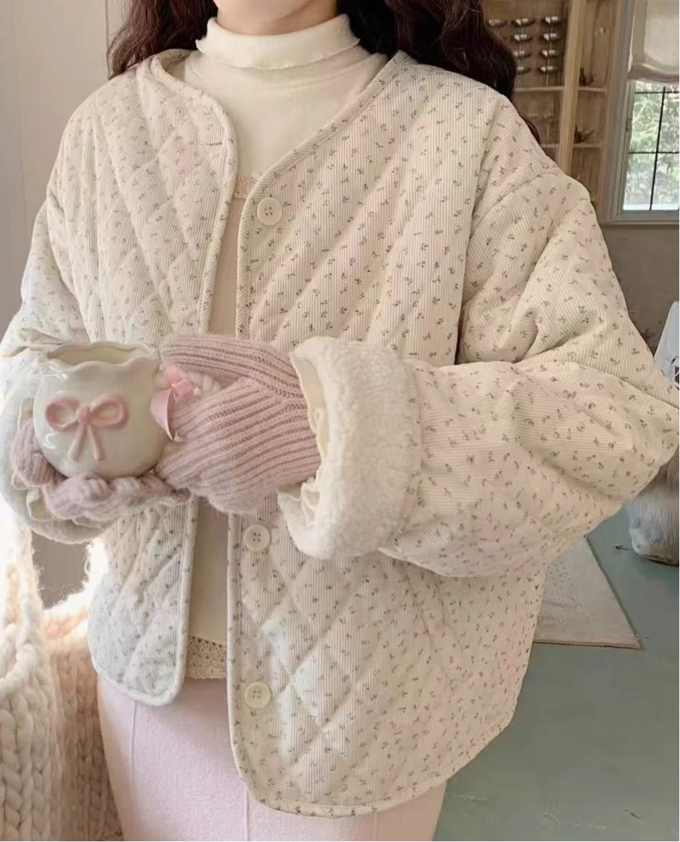 여성용 코듀로이 안티에이징 라운드 넥 꽃무늬 면 재킷, 가을과 겨울에 루즈하고 다재다능하며 따뜻한 긴 소매