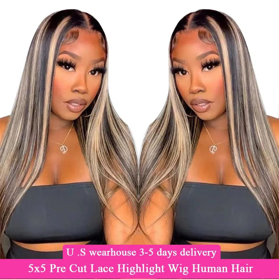 

34inch 5x5 Pre Cut Lace Straight Highlight Wig Human Hair Preplucked P1B/27 Blonde Straight Wear And Go Glueless Wigs Human Hair